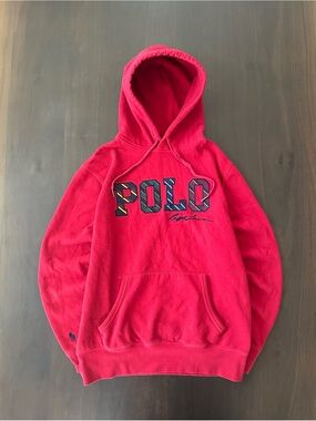 Polo Ralph Lauren Dark Red Plaid 
 Spellout Fleece Pullover Hoodie Sz Small